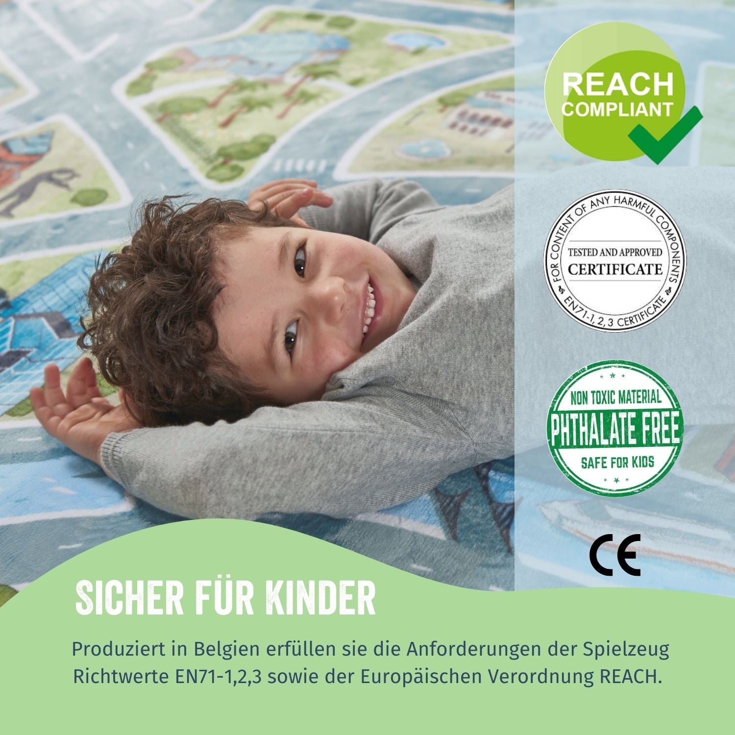Sicherheit für Kinder - Spielteppiche von HappyCITYKids sind sicher und zertifiziert