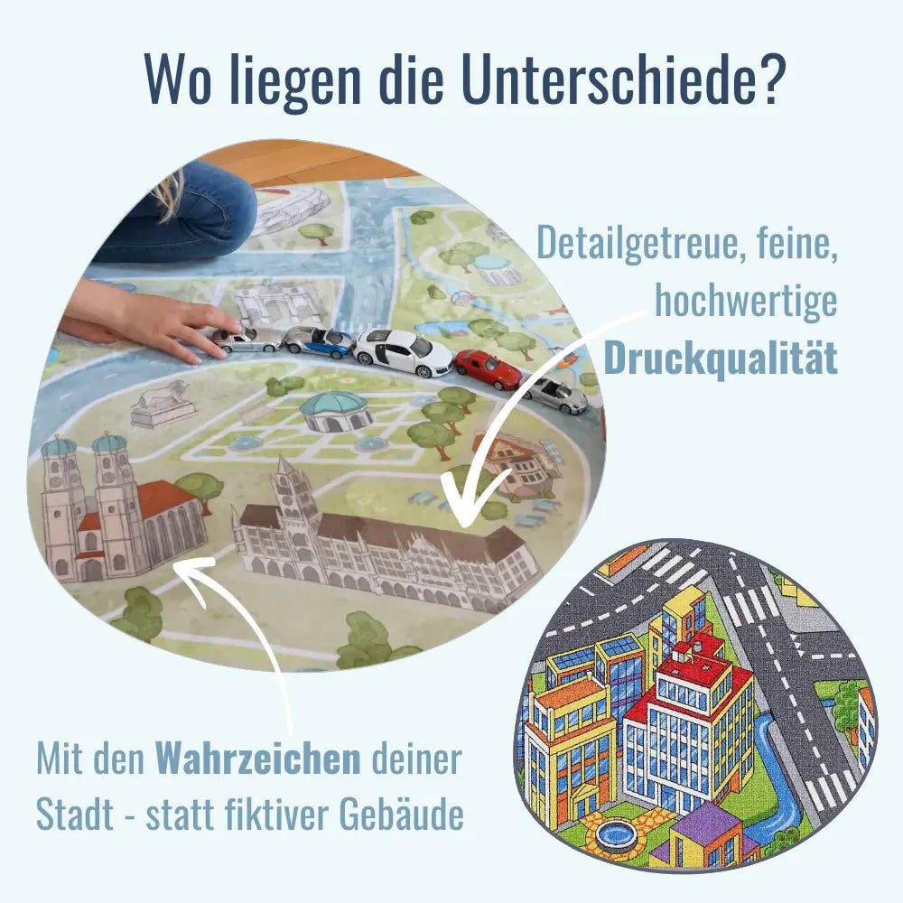 Was macht HappyCITYKids Spielteppiche besonders und anders als andere - hochwertiger Druck und Echte Stadttmotive mit Wahrzeichen