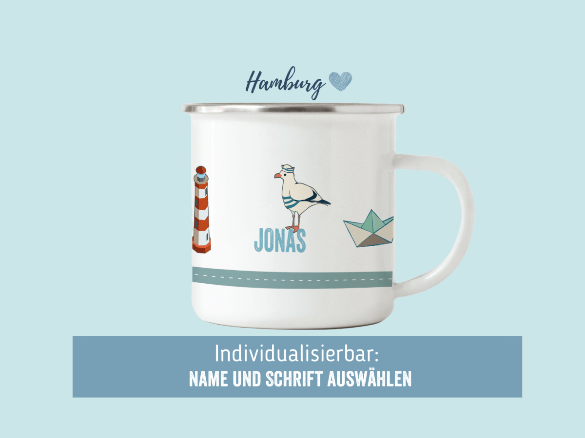 Emailletasse Hamburg - mit Namen individualisieren - personalsiersen - HappyCITYKids