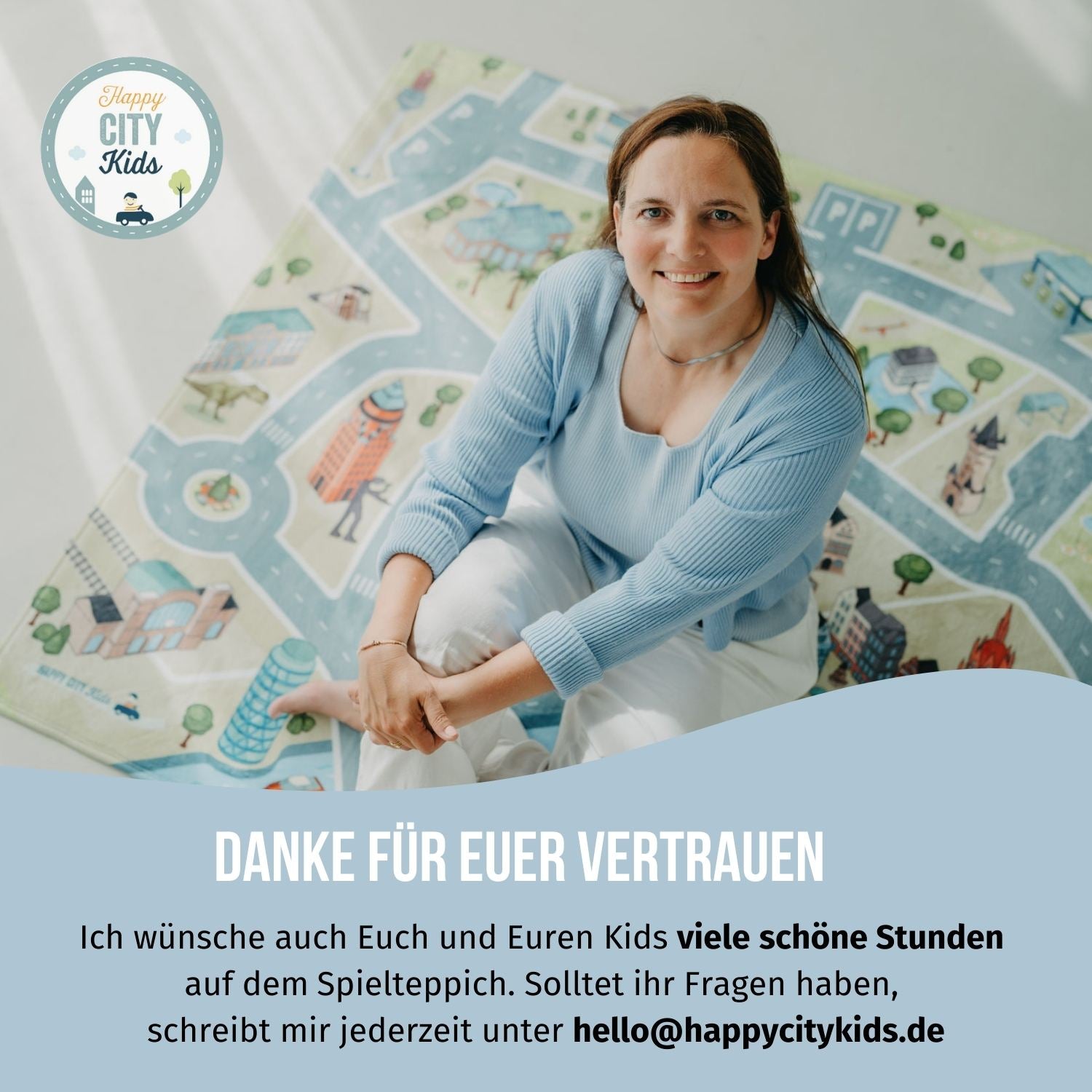 HappyCITYKids Gründerin Sylvia Allwinn bedenkt sich für Euer Vertrauen- Spielteppiche mit Stadtmotiven