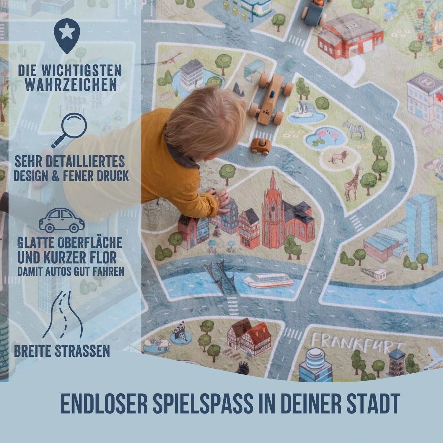 Spielspaß auf Spielteppich Frankfurt mit Wahrzeichen der Stadt- Entdecken im Kinderzimmer -  HappyCITYKids