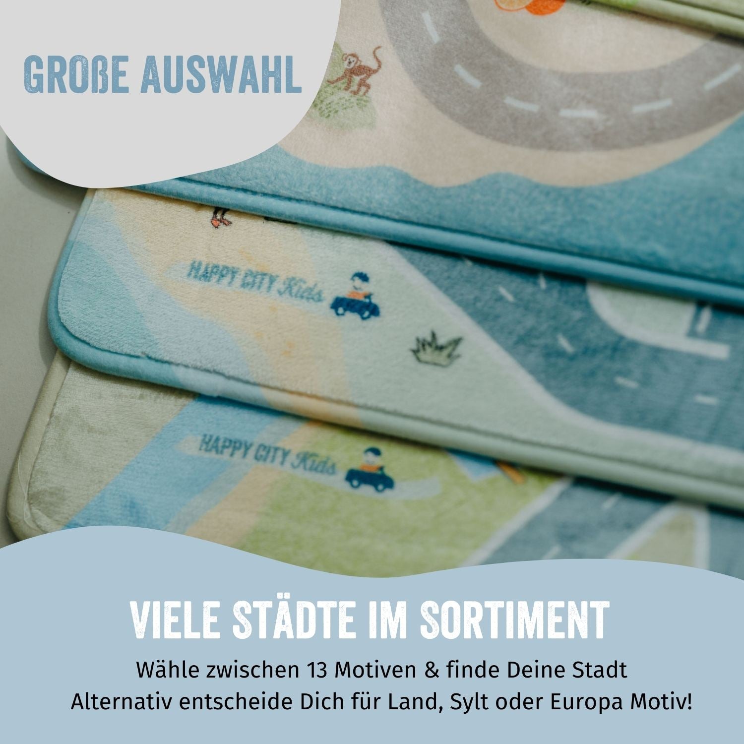 HappyCITyKids Spielteppiche gibt es mit vielen Stadt-Motiven plus Europa, Sylt und Raus aufs Land
