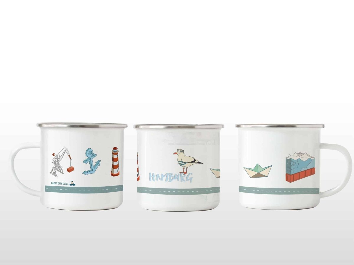 Emaille Tasse Hamburg von HappyCitykids mit Hamburg Motiven